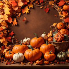 Naklejka na ściany i meble autumn background for Halloween with orange pumpkins on a wooden floor