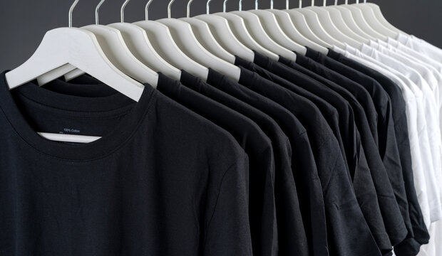close up collection of black and white color t-shirt hanging on wooden clothes hanger