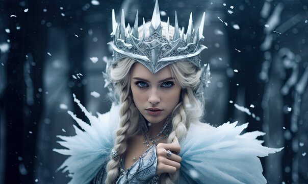 portrait of a blond woman in winter clothes wearing crown. 