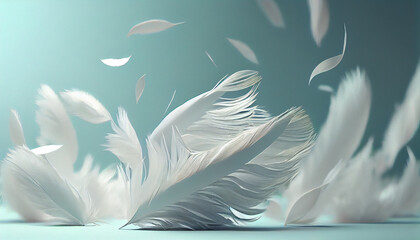 Fototapeta na wymiar White feathers falling on a solid background of pastel shades, white feathers background, Ai generated image