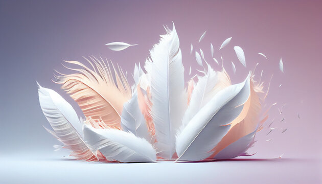 White feathers falling on a solid background of pastel shades, white feathers background, Ai generated image