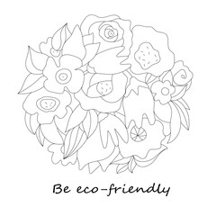 Unique ornament, drawing. Life in harmony with nature. Leaves, flowers, plants drawn with a line.