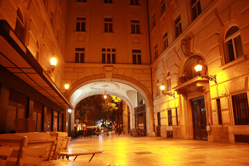 Fototapeta na wymiar Historical vintage street in downtown in evening time of Budapest, Hungary