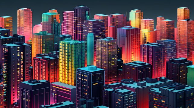 Isometric illustration of a capital city building with full neon colors, generated by AI © Resi