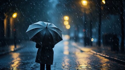 A photo of a man with an umbrella in the middle of heavy rain, generated by AI