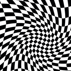 Trippy chessboard black and white background. Black retro psychedelic chessboard banner. Wavy groovy chessboard surface. Backgrounds in trendy retro trippy style