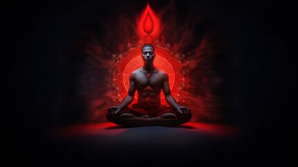 Man having red throne in the background meditating for maintaining root chakra to stand against chellanges. - obrazy, fototapety, plakaty