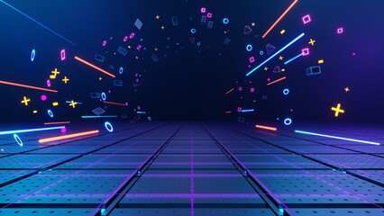 3d technology abstract neon light background, empty space scene, spotlight, dark night, virtual reality, cyber futuristic sci-fi background, street floor studio for mock up. colored geometric.