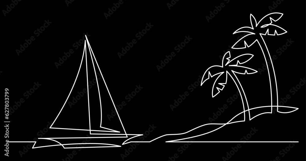 Sticker continuous line drawing vector illustration with FULLY EDITABLE STROKE of yacht sailing  sea logo concept black background