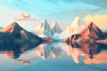 Cercles muraux Bleu clair Landscape with big shaped mountains and blue large clean lake, colorful wallpaper.