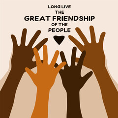 Motivational poster against racism. Hands of latin and black skin. A text about the tolerance and friendship of peoples.