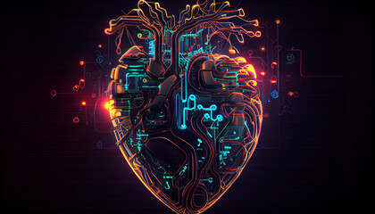Cyberpunk high-tech neon glowing heart, cyber valentines day concept, neural network generated art....