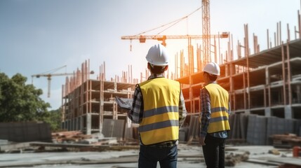 Civil engineer with architects inspecting and working at outdoors structure building site, Engineering and architecture concept.