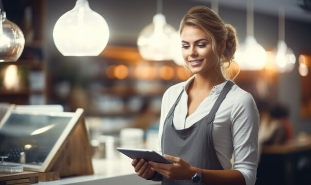 Young woman wearing apron using digital tablet checking and receiving customer order at coffee shop.