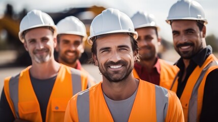 Group of male construction workers standing at a building site.