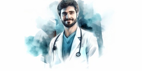  Blue Aquarelle Silhouettes of Smiling Young Doctor with Arms Crossed at the Intensive Care Unit, Captured with the Style of Digital Airbrushing, Portraying Medical Excellence and Dedication