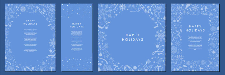 Teal Blue Christmas Template Designs. Beautiful Monochromatic Christmas Backgrounds with blue soft Christmas element patterns. Poster, Vertical Banner, Card, a4 letter. Editable Vector Illustration.