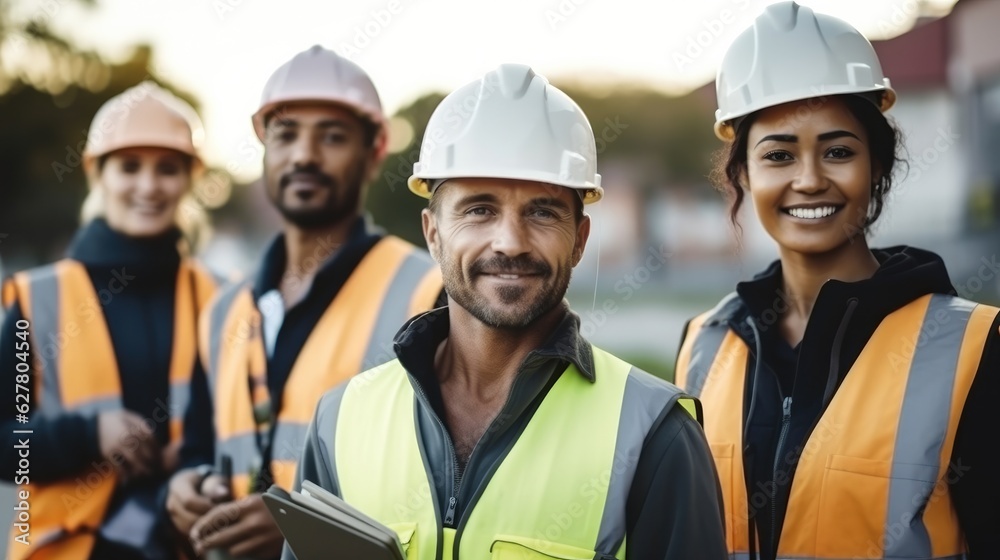 Poster group of architects and engineers at a construction site, safety and project management with contrac