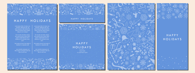 Teal Blue Christmas Template Design Collection. Monochromatic Christmas Backgrounds with blue soft Christmas element patterns. Poster, Vertical Banner, Card, a4 letter. Editable Vector Illustration.