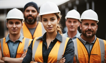 Group of builders at a construction site, Construction workers standing at construction site.