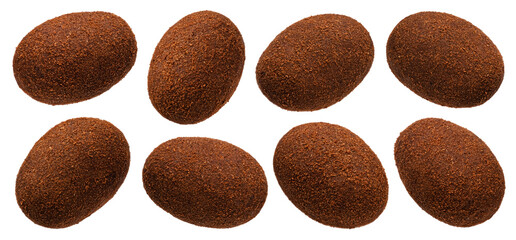 Chocolate coated almond in cocoa powder isolated on white background