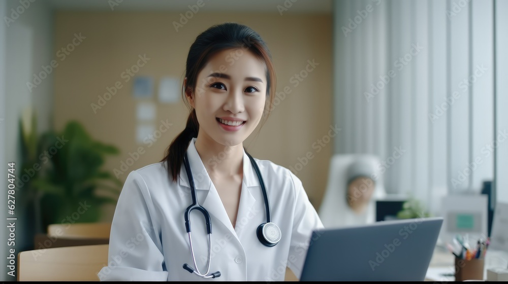 Wall mural Young beautiful doctor woman are working in hospital, Sitting on table, Asian medical concept