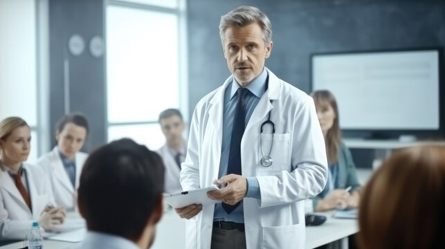 Portrait of mature male doctor wearing white coat with stethoscope standing in class room with students in the background.