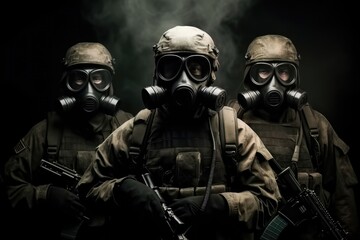 Fototapeta premium Military swat with gas masks cover each other, In full combat readiness to break through the smoke from chemical weapons.