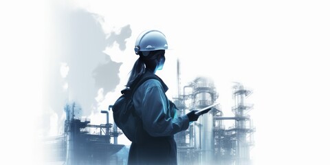 Blue Aquarelle Silhouettes of Female Engineer with Tablet and Protective Clothing at a Refinery, Crafted with the Style of Digital Airbrushing, Emphasizing Innovation and Industrial Expertise