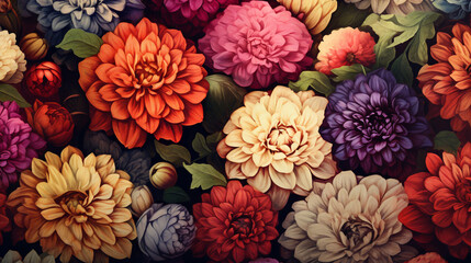 An enchanting illustration featuring a vibrant background of colorful vintage flowers. Generative AI.