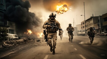 Counter terrorist team on the move on war, US marines in action.