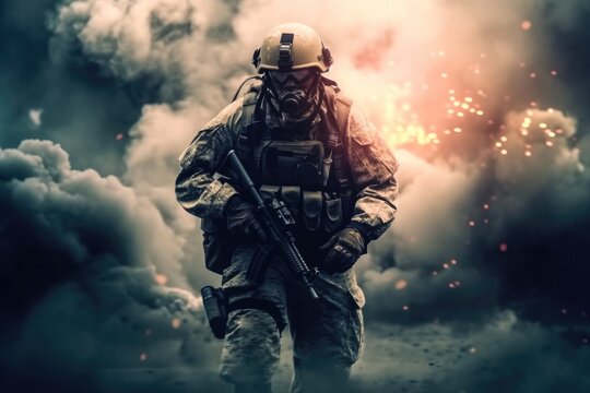 Battle of the military in the war, Military troops in the smoke, War Concept.