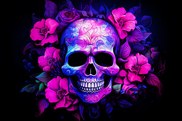 Skull with floral ornament illustration. colorful background. selective focus. 