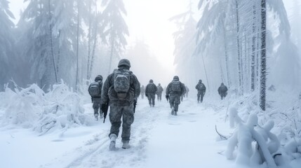 Rear view Group of infantry soldiers in uniforms, walking over snow covered landscape, Action on war battle in jungle. - obrazy, fototapety, plakaty