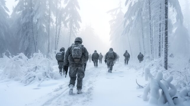 Rear view Group of infantry soldiers in uniforms, walking over snow covered landscape, Action on war battle in jungle.