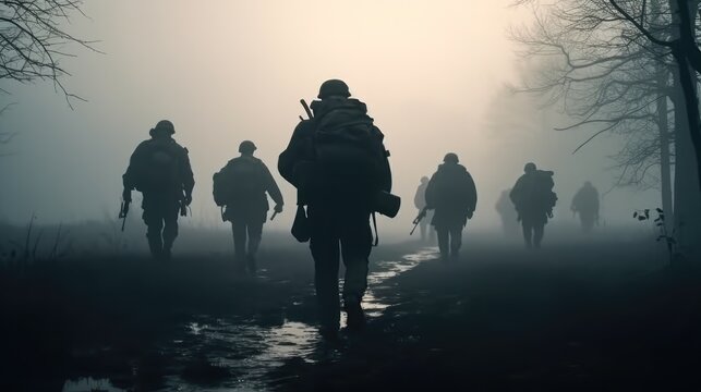 Soldiers during Military Mission, Group of special forces soldiers on the move In area filled with fog and smoke.