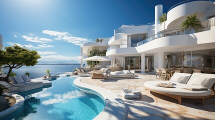 Fototapeta premium Sea view luxury modern white beach hotel with swimming pool. Generative AI