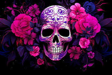 Day of the Dead background with skull and floral elements illustration. selective focus. 