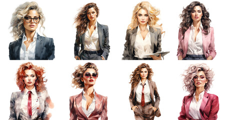 Obraz premium Lady Boss Clipart, Watercolor Fashion Girl and Business Woman Clipart, Black Girl Boss Clipart, Transparent background PNG