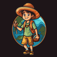 A young traveler is going on a trip around the world. Cartoon vector illustration.