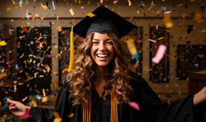 Obraz premium Portrait of a female graduate celebrating with falling confetti