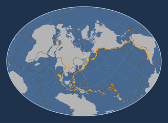 Okhotsk tectonic plate. Contour. Fahey Oblique. Earthquakes and boundaries