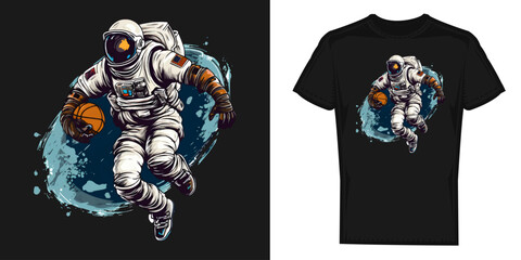 Astronaut playing basketball design, graphics for t-shirt prints - obrazy, fototapety, plakaty