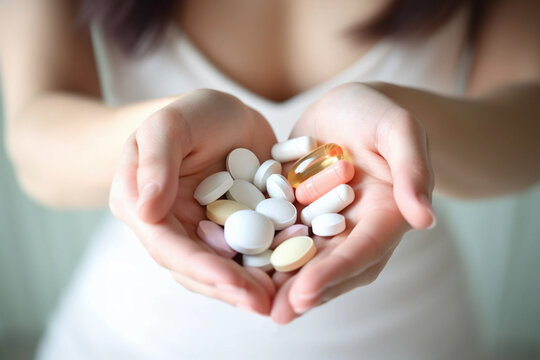 Abundance of Pills in Woman's Hand. The Concept of Medicine and Mental Issues. Generative Ai.
