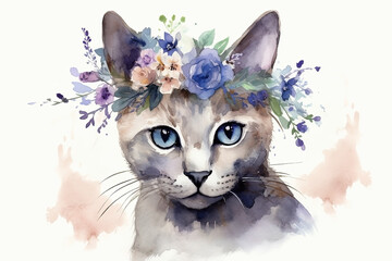 Watercolor cat portrait illustration on white background
