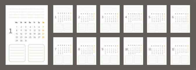 2024 calendar vector design template, simple and clean design. Calendar in German with space for notes. The week starts on Monday.