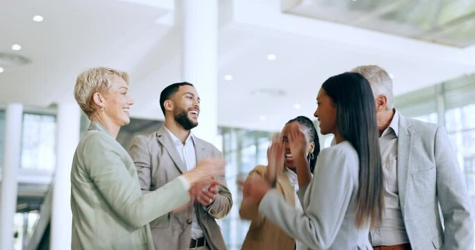 Business people, high five and teamwork, support or collaboration with goals, success and celebration. Circle, internship motivation and happy group of men and women with hands together for mission