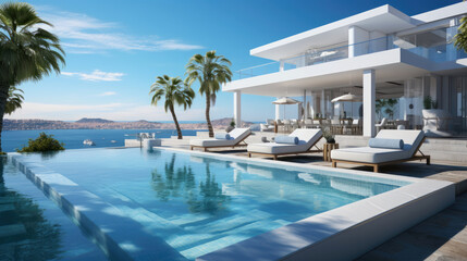 Fototapeta na wymiar Sea view luxury modern white beach hotel with swimming pool. Generative AI