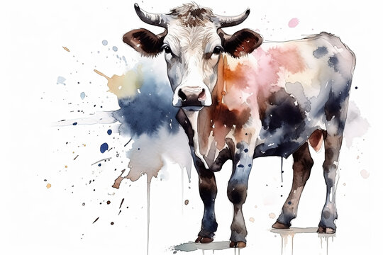 Watercolor cow on white background