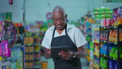 Happy Portrait of Brazilian Senior Supermarket Staff Holding Tablet, Joyful Older Male Employee in...